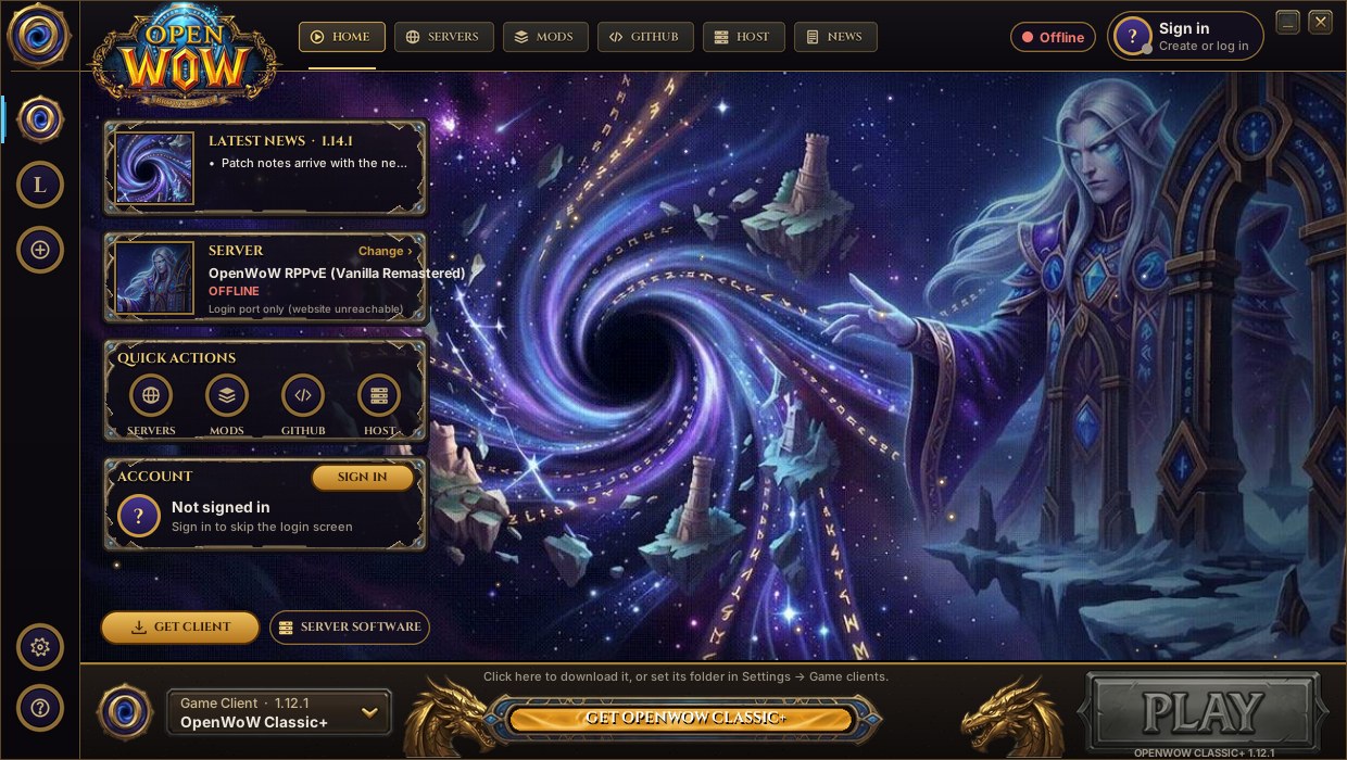 OpenWoW desktop launcher, home page