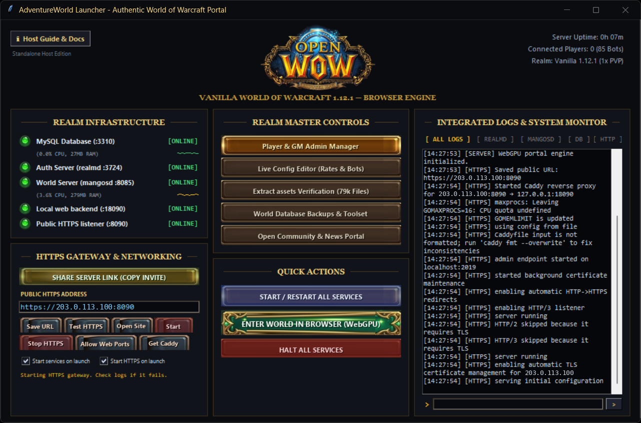 The OpenWoW server launcher: realm infrastructure status lights for MySQL, realmd, mangosd, the web backend and the public HTTPS listener; HTTPS gateway and invite-link controls; realm master controls; quick actions; and integrated logs with a command line.